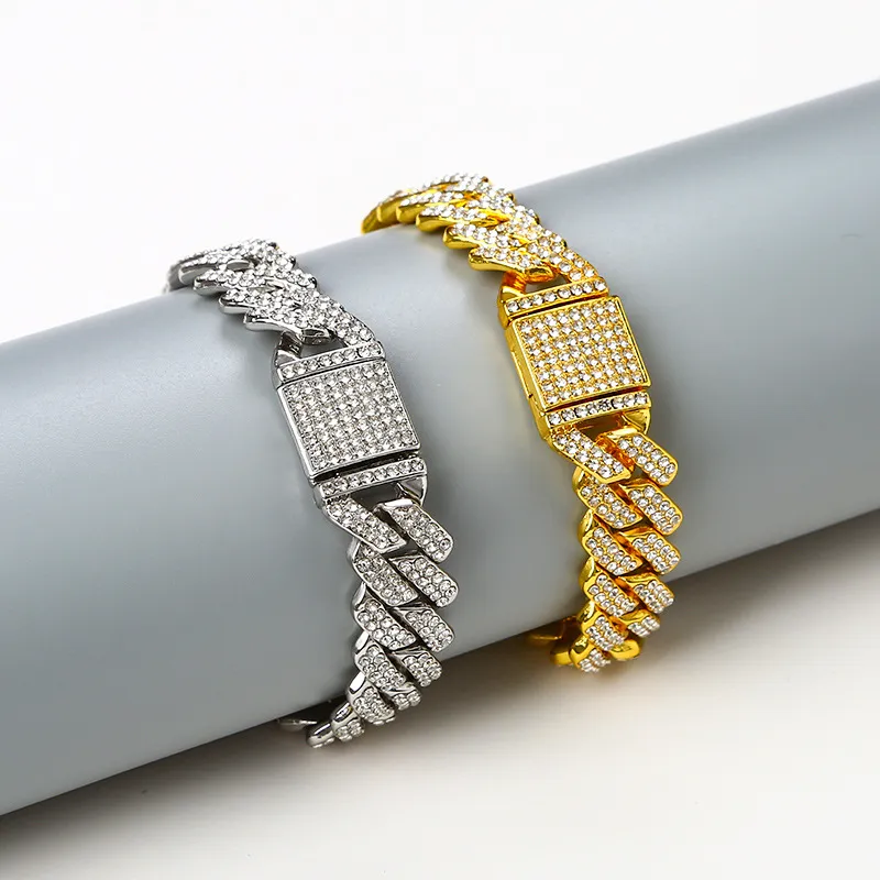 Personalized Hip-Hop BuckleNecklace Full Diamond Flip Buckle Fashionable Punk Thick Bangle Cuban Bracelet Couple Jewelry_voghion.com