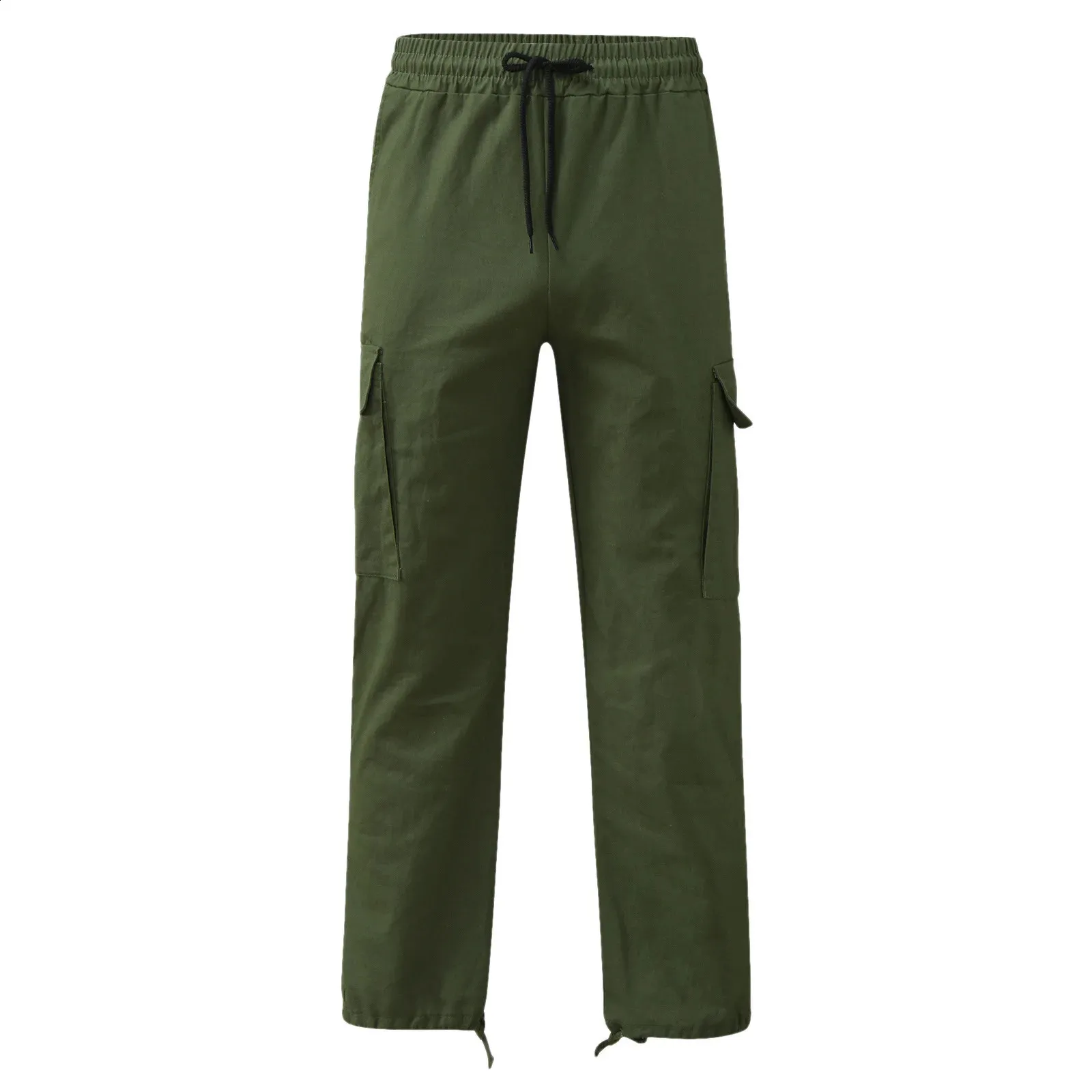 Calças para homens comprimento total cor sólida solta vários bolsos bolsos com cordão calças cargo masculinas 3XL 240813_voghion.com