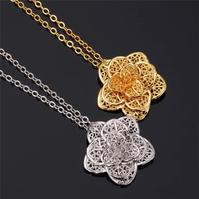 Hollow Flower Statement Necklaces Floral Pendant Choker Necklace Platinum Real Gold Plated Women Collar Link Chain_voghion.com