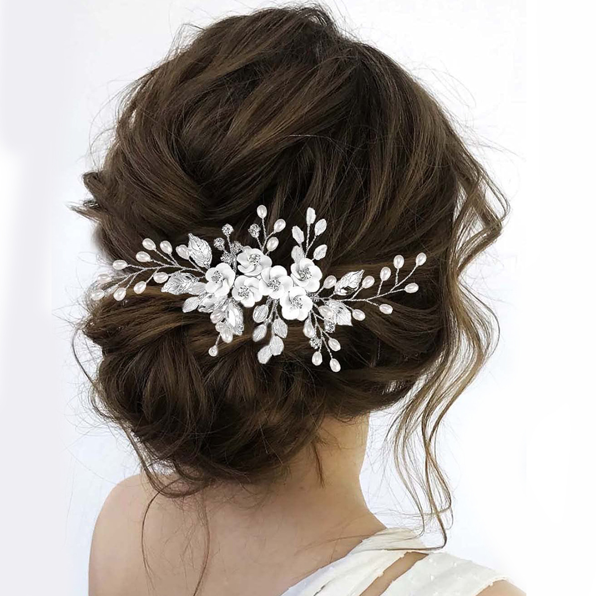 Peigne à cheveux en perles fait main, accessoire de coiffure de mariage, en céramique blanche douce et exclusive, avec fleurs incrustées de diamants_voghion.com
