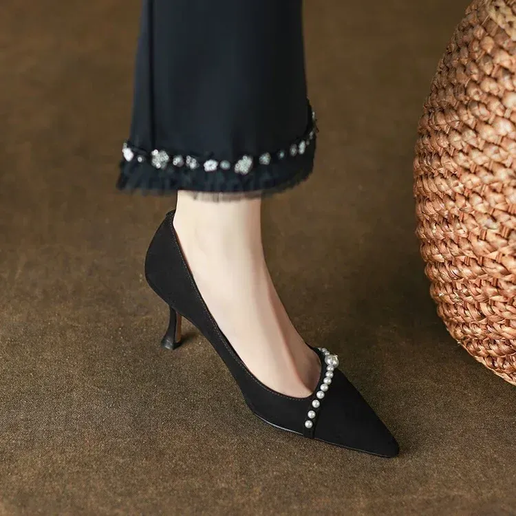 Damen Pumps Weiß Hochzeit High Spitzschuh String Bead Bootsschuhe Dünne Absätze Basic Pump Perlen Schwarz 2024 03c2_voghion.com