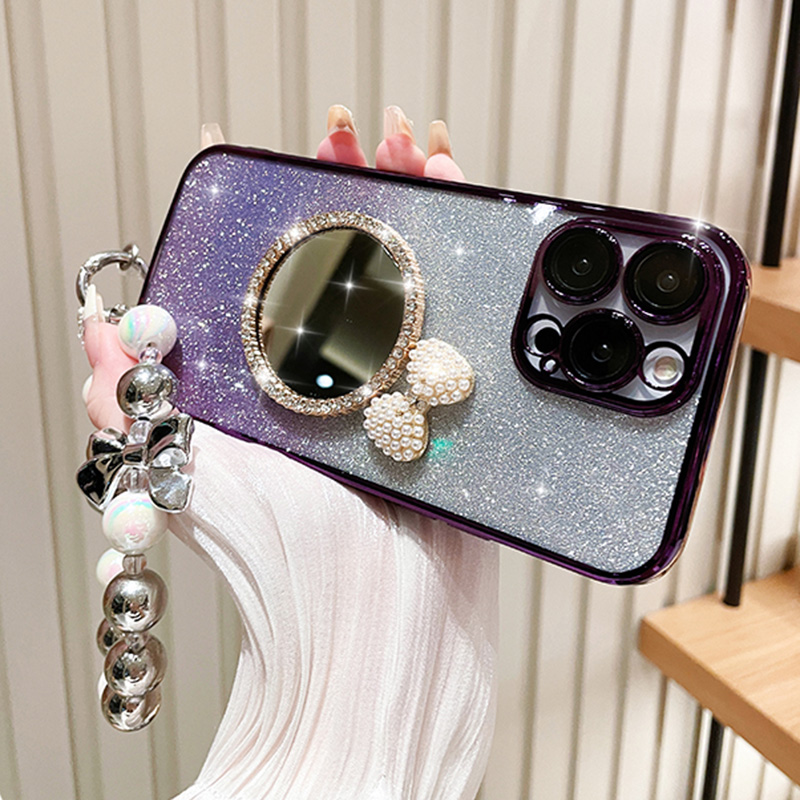 Bow Heart Bracelet Mirror Case For iPhone 15 13 11 12 Pro Max 14 Plus Glitter Flash Gradient Plating Cover_voghion.com