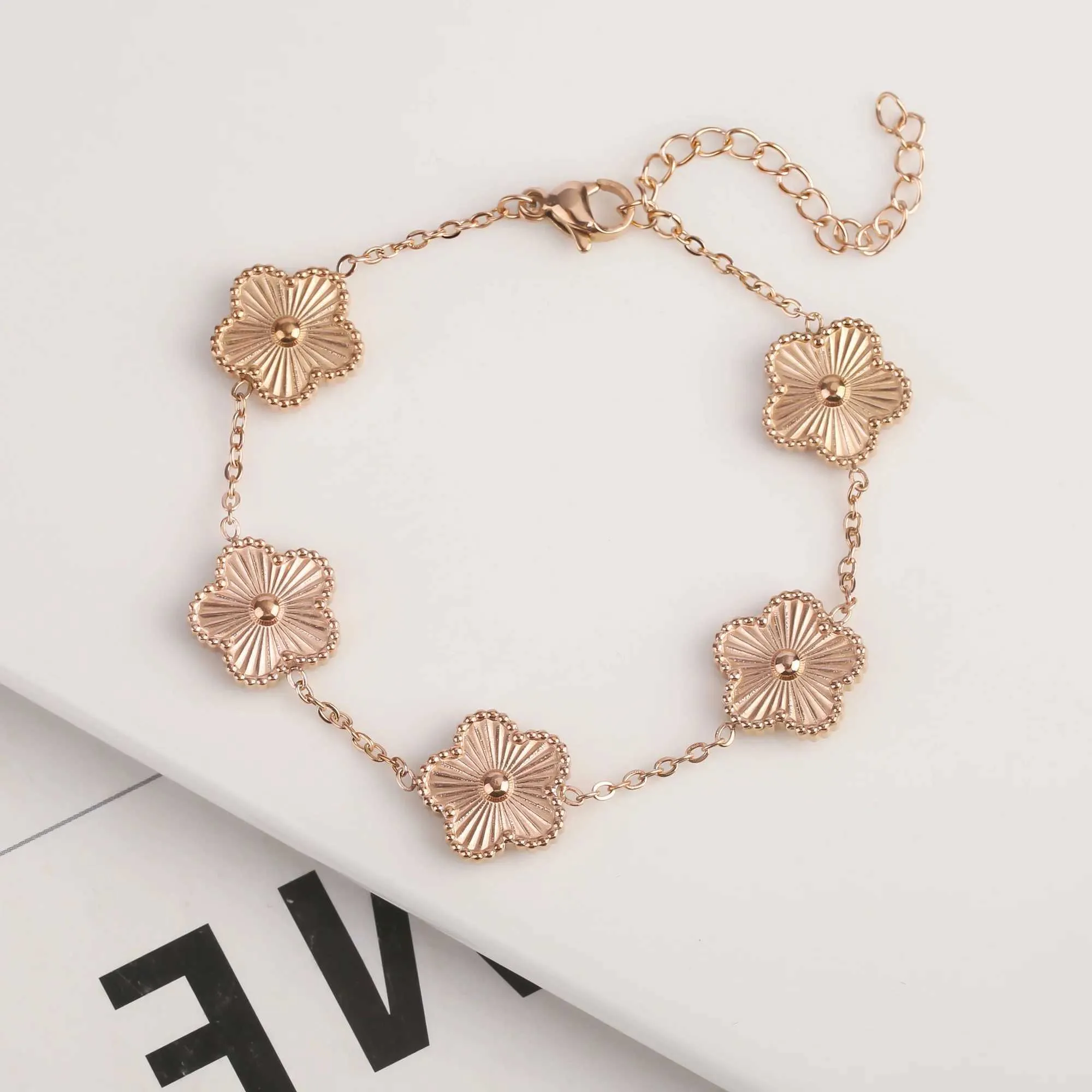 Wedding Jewelry Sets Rose Gold Plated Shiny Metal Plant Five Leaf Flower Plum Blossom Set For Women Stainless Steel High_voghion.com