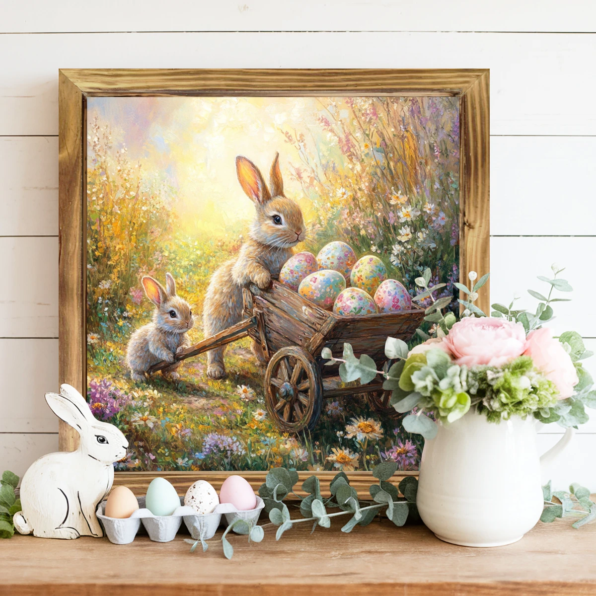 Rustikales Holzschild „Hase und Schubkarre“ (20,3 x 20,3 cm) – Bauernhaus-Wandkunst für Eingangsbereich, Küche und Wohnzimmer | Osterdeko und Geschenk_voghion.com