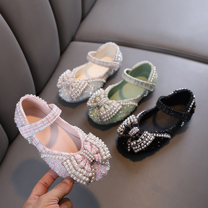 Girls Lady Butterfly Pearl Student Girls Princess Baby Single Shoe Leather Dance Show Shoes