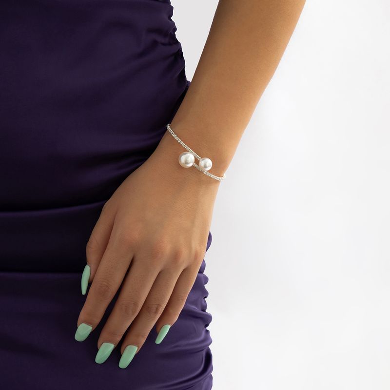 Braccialetto aperto con catena a micro artigli intarsiata versatile, stile metallo perla artificiale, fatto a mano, a strato singolo_voghion.com