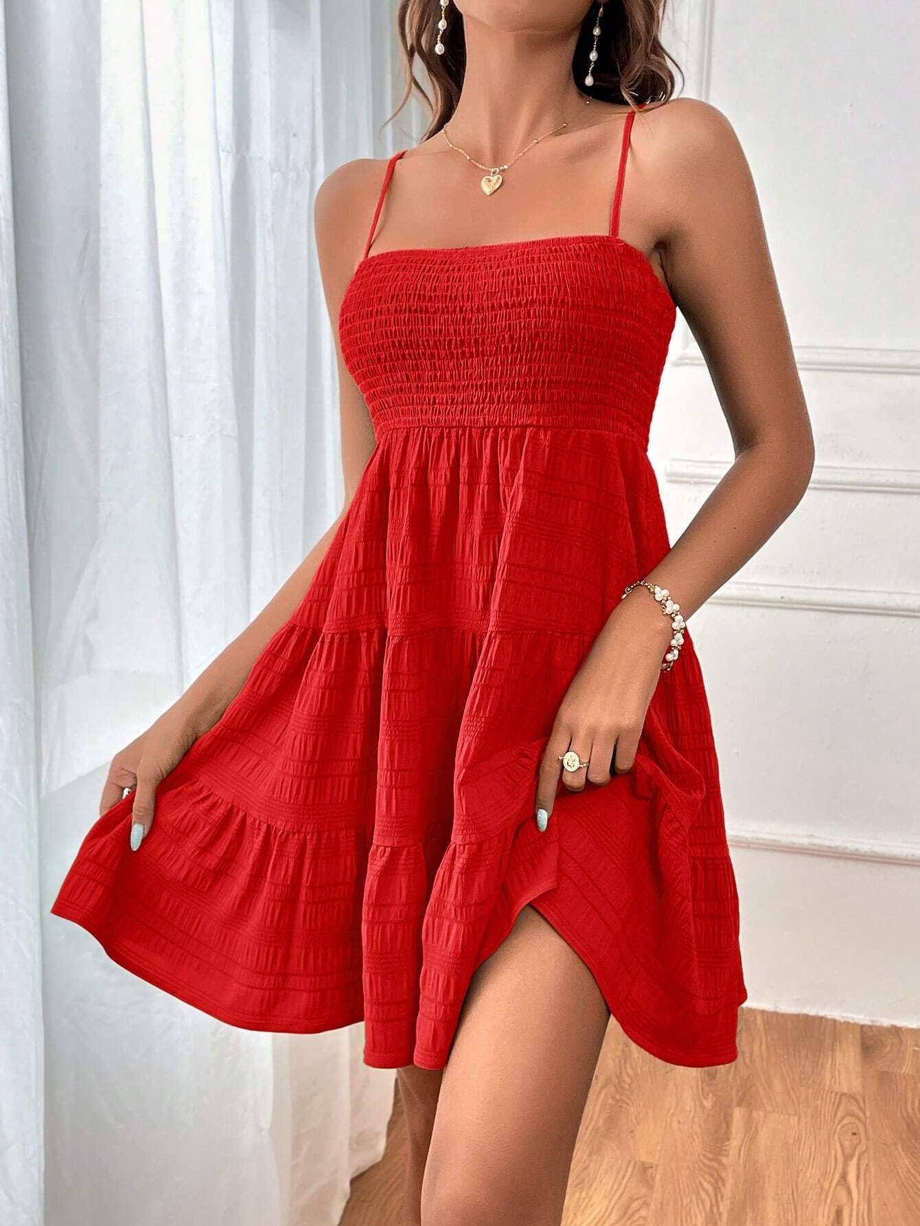 2025 Women's Summer New One Collar Thin Strap Solid Color Versatile Texture Dress_voghion.com