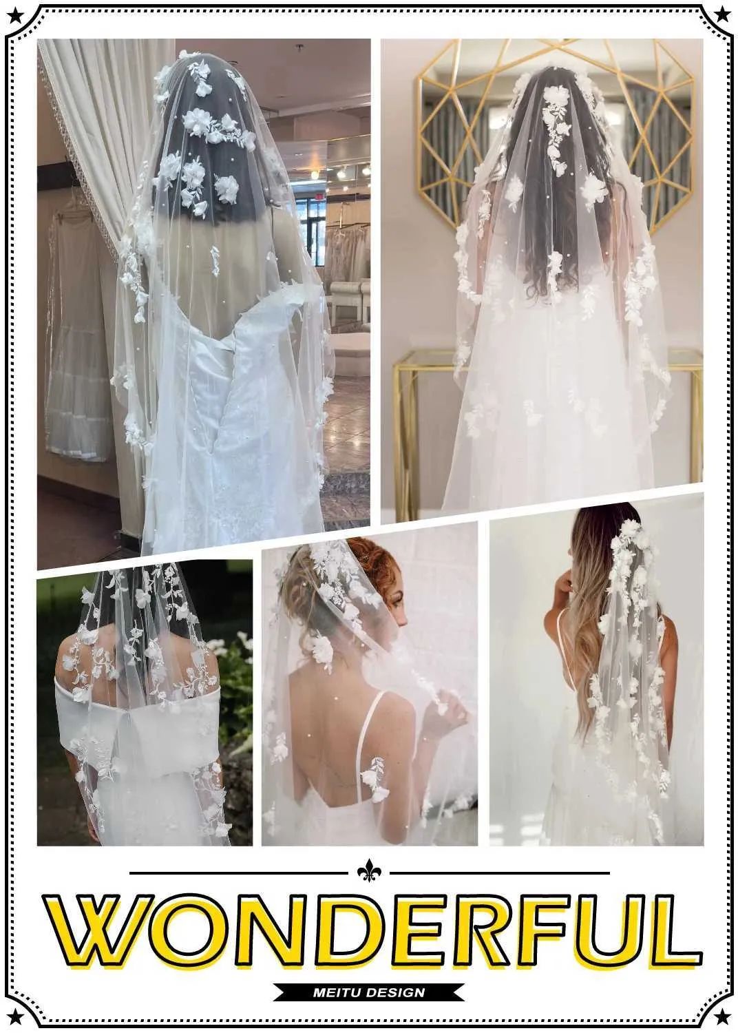 Hair Jewelry Elegance 3D Flowers Bridal Veil 1 Meters Short Veu Wedding Dresses Accessories with Organza Flower Voile_voghion.com