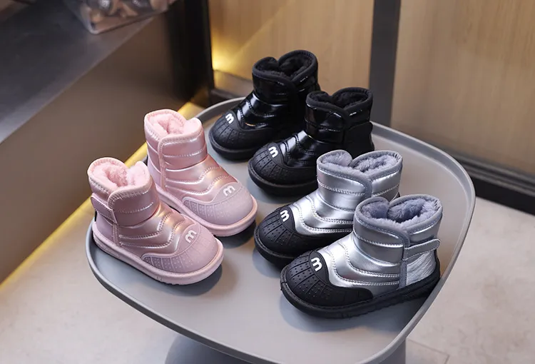 Winter Kids Youth Cotton Shoes Fashion Happysteps Boys Girls Ankle Boots Soft Bottom Warm Student Boot Sier Black Pink_desvips.com