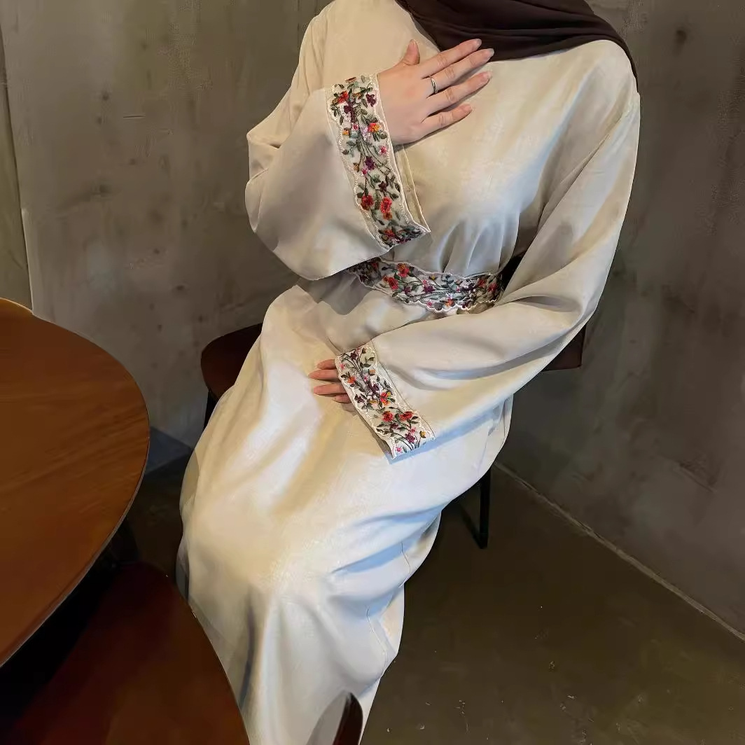 Women's Clothing Muslim clothing linen embroidery belt lined dress floral embroidery