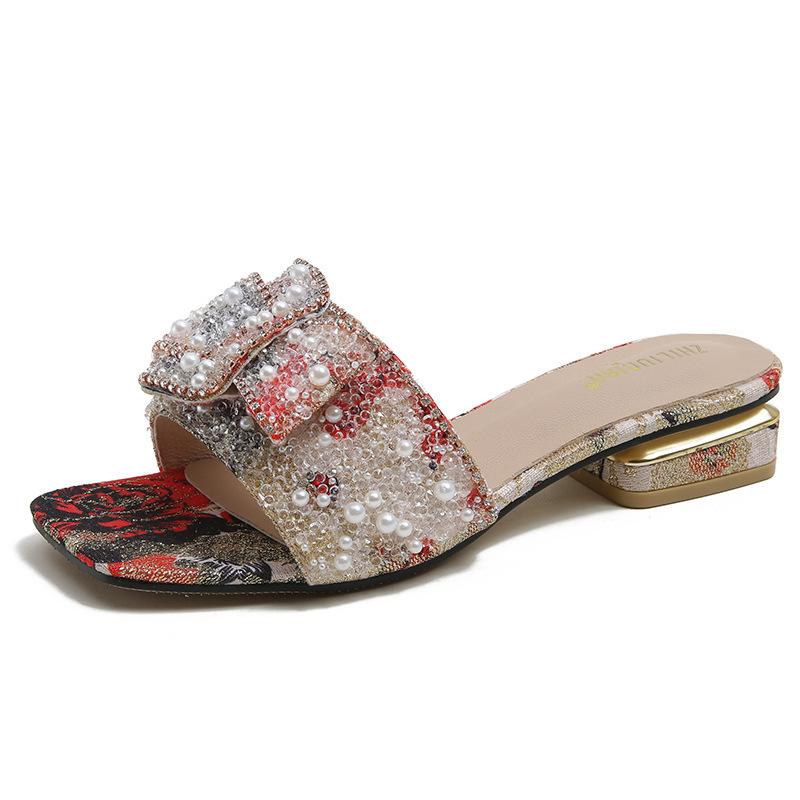 Perlenpantoffeln für Sommerausflüge, dicke Absätze, vielseitige Muster, modische Strasssandalen, große Damenschuhe,_voghion.com