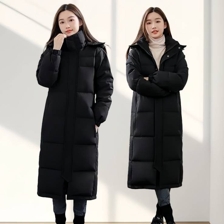 ​​"Unisex Long Quilted Jacket With Detachable Hood – Oversized Korean Streetwear Style (XS-3XL) – Windproof & Ultra-Warm"​​_voghion.com