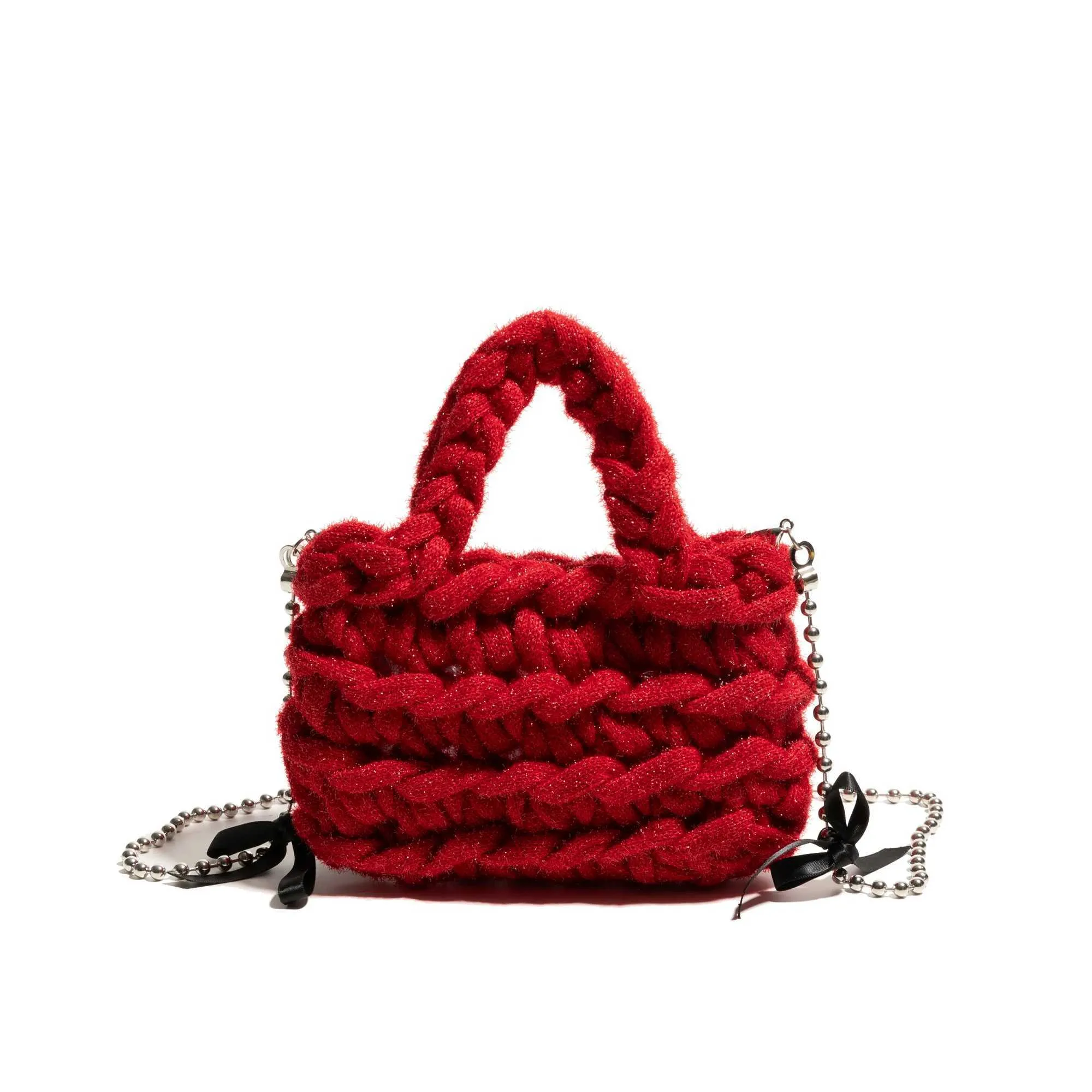MABULA Weihnachtsrote gestrickte Hobo-Handtasche, Winter, warmer Baumwollstoff, stilvolle gewebte Handy-Geldbörsenkette, schlichtes Design_voghion.com