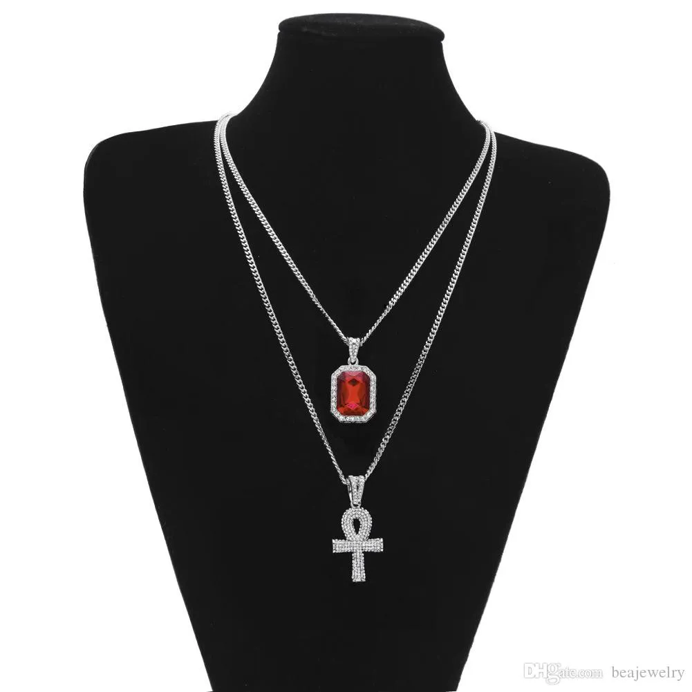 Neue Mode Ägyptischen Ankh Schlüssel des Lebens Bling Strass Kreuz mit Rot Rubin Anhänger Halskette Set Männer Hip Hop Schmuck Geschenk_voghion.com