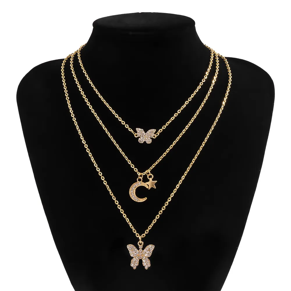 Colliers pendentifs mode bohème plaqué or argent couleur cristal papillon lune étoile collier pour femmes collier ras du cou multicouche_voghion.com