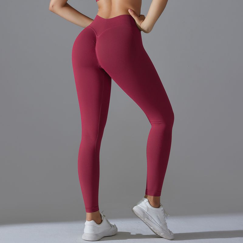Seamless Knitted Solid Color Tight High Waist Peach Hip V-Waist Yoga Sports Running Fiess Pants_voghion.com