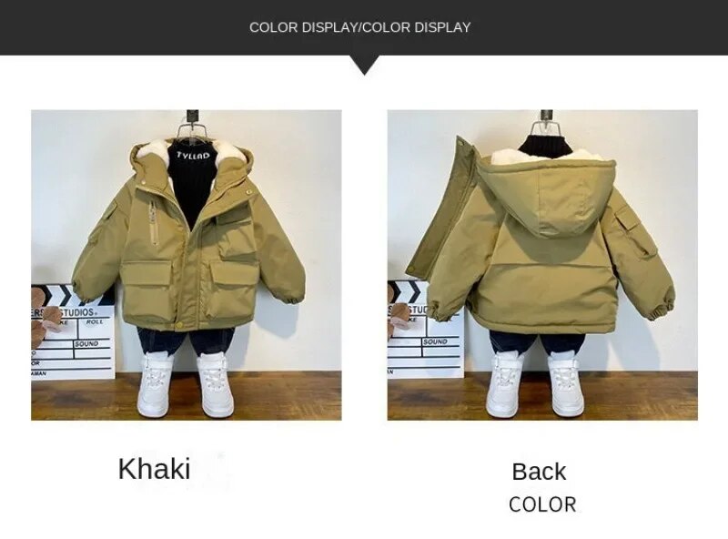 Nova jaqueta de algodão para inverno, casaco preto com capuz para meninos, roupas para crianças, adolescentes de 3 a 8 anos, parka acolchoado, traje de neve_voghion.com
