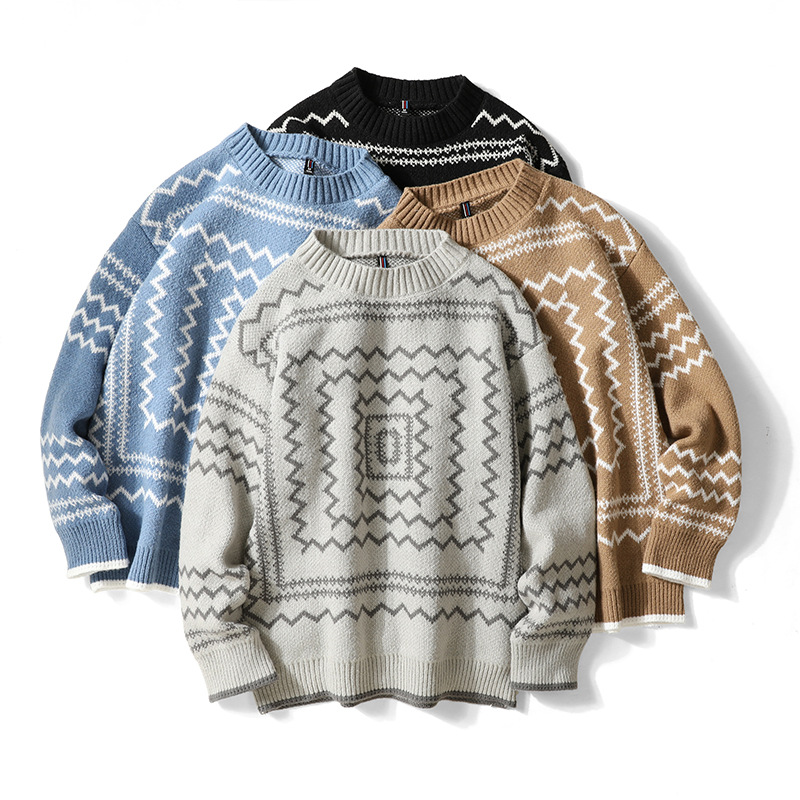 Cămașă tricotată jacquard cu model labirint, toamnă și iarnă, pentru bărbați, cu fund cald, non-mainstream, pulover proaspăt pentru studenți_voghion.com