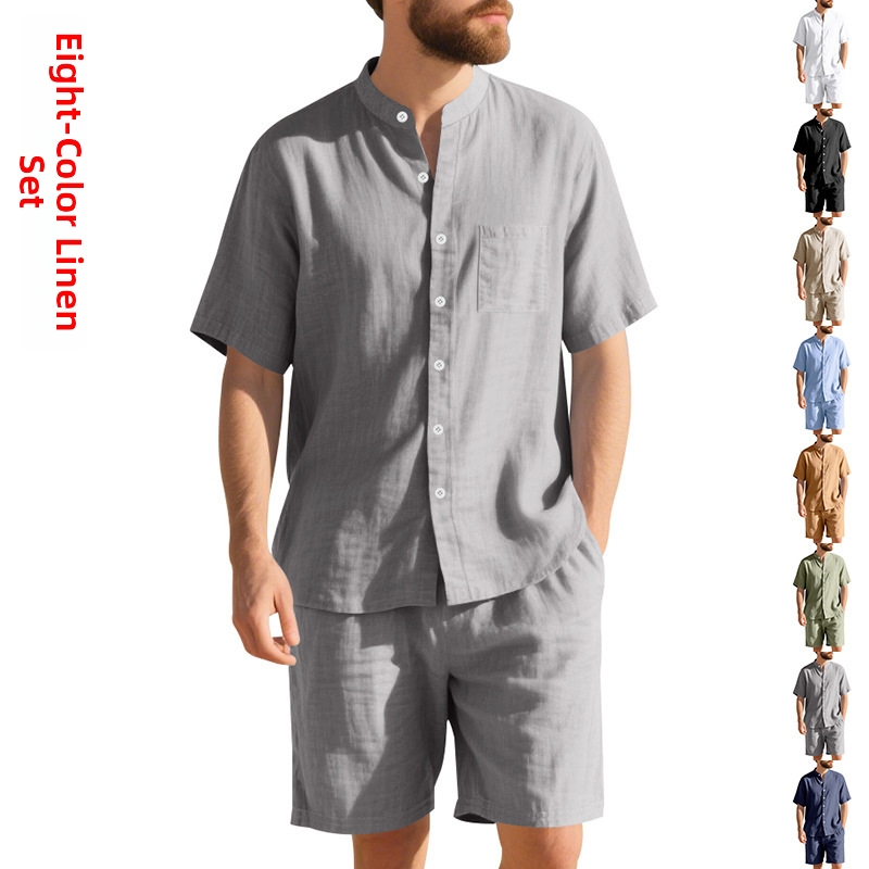 Men’s Clothing Summer Linen Loose Fit Henley Collar Beach Shirt Set Short Sleeve Shorts