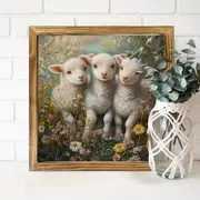 Panneau en bois vintage 8 x 8 pouces avec agneaux et fleurs – Décoration murale rustique encadrée pour cuisine, chambre, bureau – Cadeau idéal pour Pâques ou une pendaison de crémaillère_voghion.com