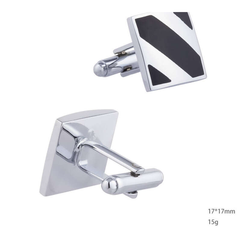 Gemelos de camisa francesa para hombre, de metal esmaltado con rayas negras cuadradas_voghion.com