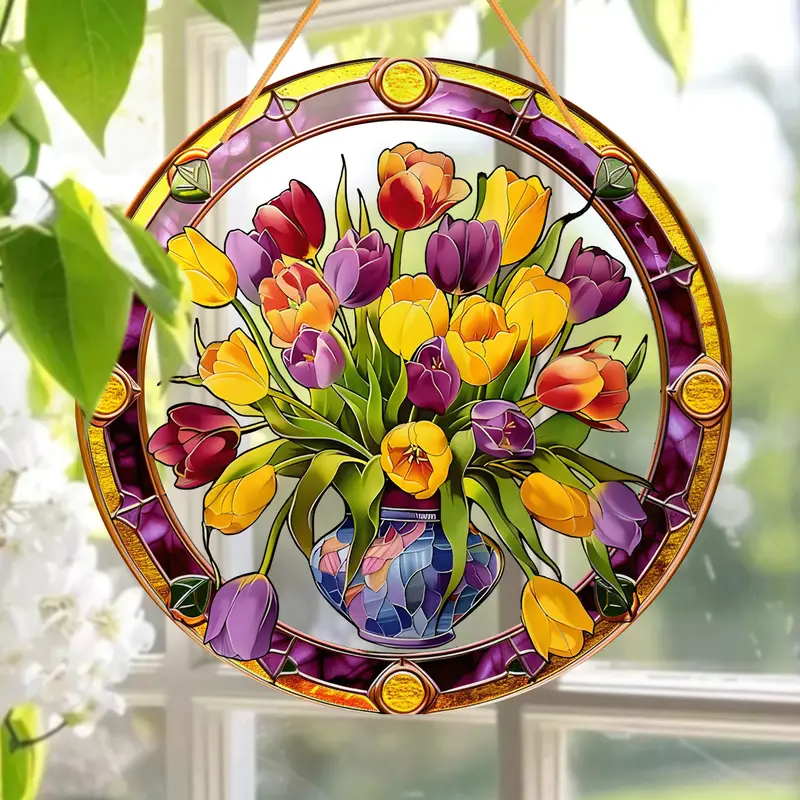 Attrape-soleil en forme de bouquet de tulipes - Art en acrylique sur vitrail de 20 cm. Décoration florale printanière pour porches ou pour une pendaison de crémaillère joyeuse._voghion.com