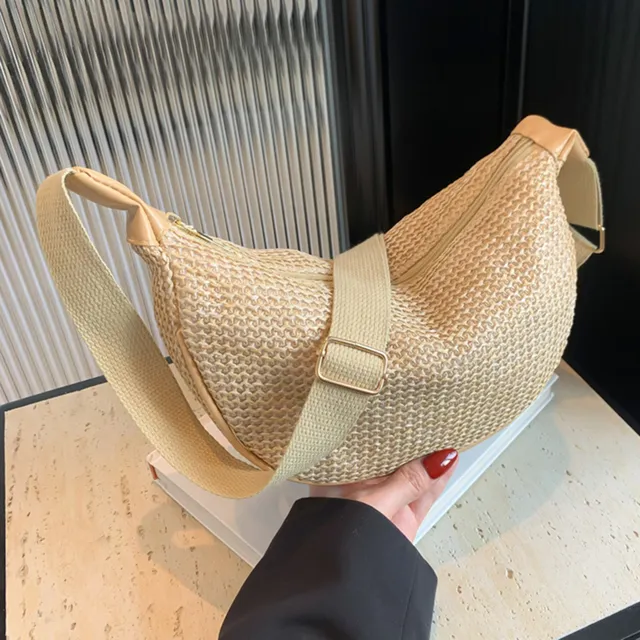Borsa a tracolla a mezzaluna con tracolla regolabile, in paglia intrecciata, grande capacità, casual, per feste e vacanze, da donna_voghion.com
