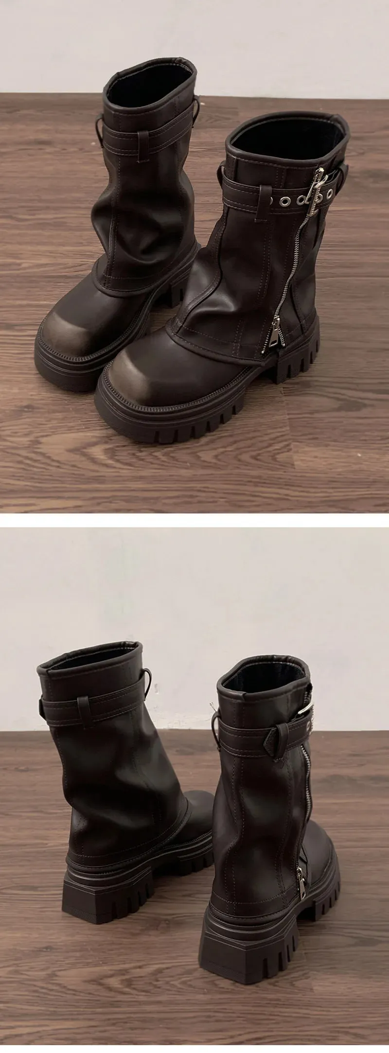 Elegant Women's Biker Boots With Belt Buckle And Platform Flat Sole_voghion.com