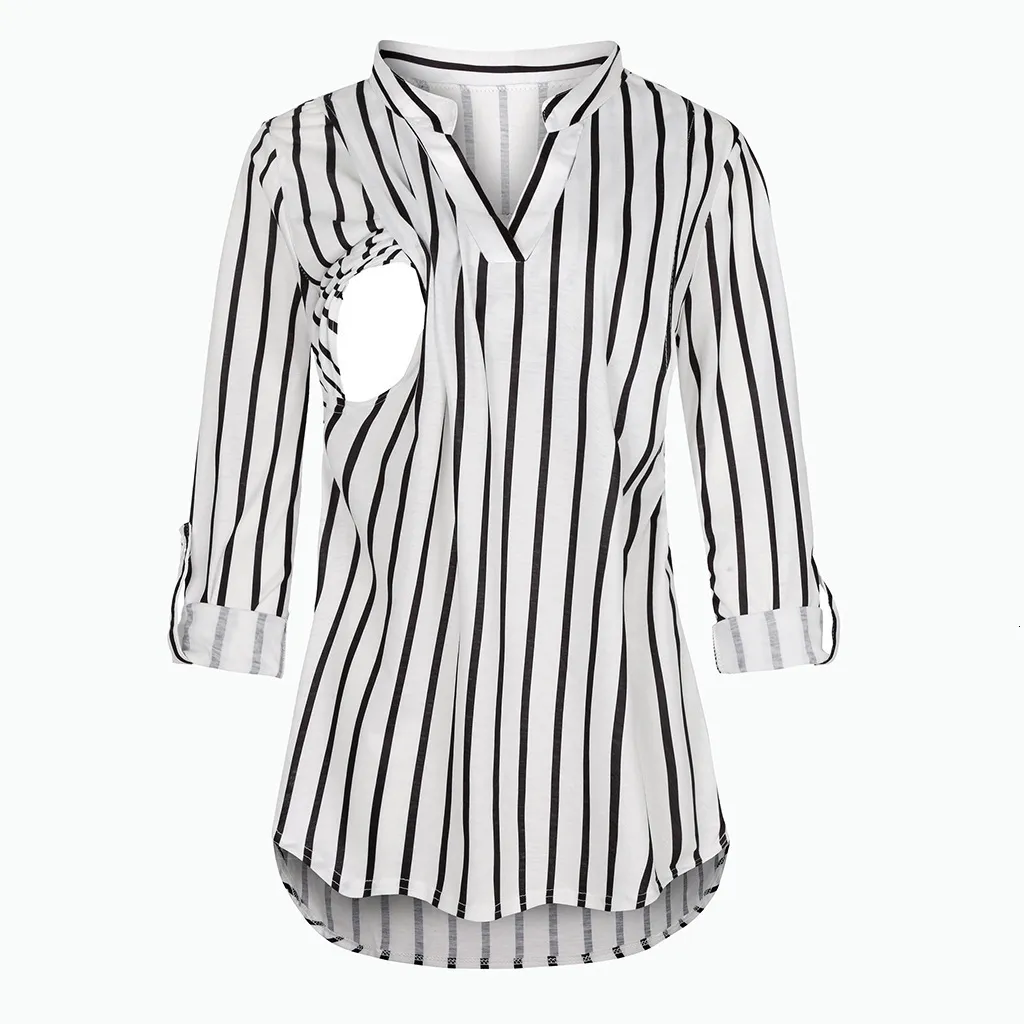 Tees Annelik Emzirme Tişörtü V Yaka Bluzlar Gömlekler Uzun Kollu Çizgili Emzirme Üstleri Hamile Kadınlar İçin Giysiler_voghion.com