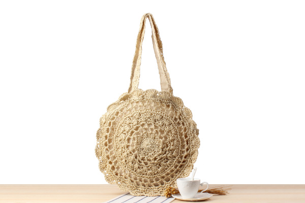 Semplice borsa di paglia a spalla singola rotonda cava, borsa da spiaggia con fiori intrecciati a mano, borsa da spiaggia_voghion.com