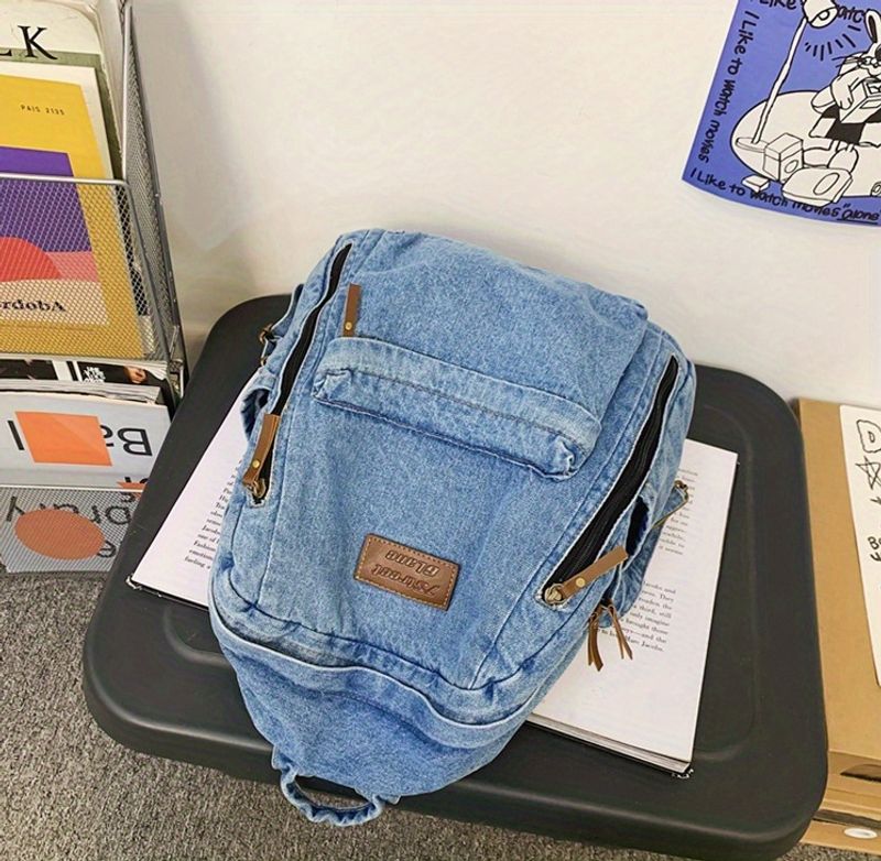 Vintage denimväska, Preppy College skoldagsresor pendlarryggsäck och laptopväska, unisexväska för vardagsbruk_voghion.com