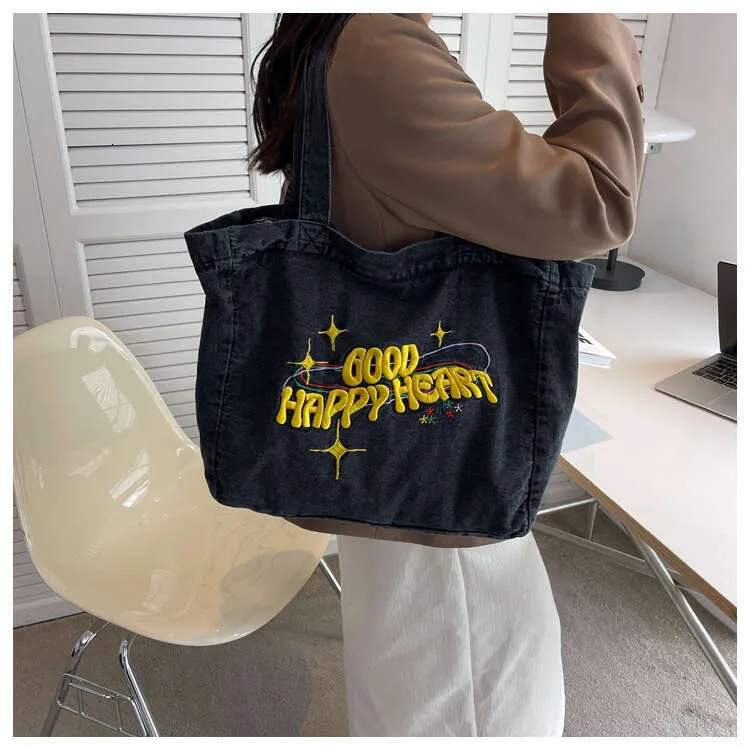 New Large Capacity Cowboy Shoulder Student's Canvas Schoolbag Women's Shopping Bag Street Dressing_voghion.com