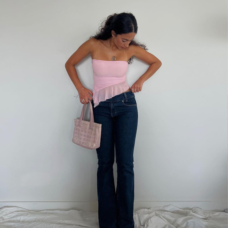 Q23TP003 stijl 2024 lente nieuwe effen kleur sexy strapless onregelmatige patchwork mesh backless top_voghion.com