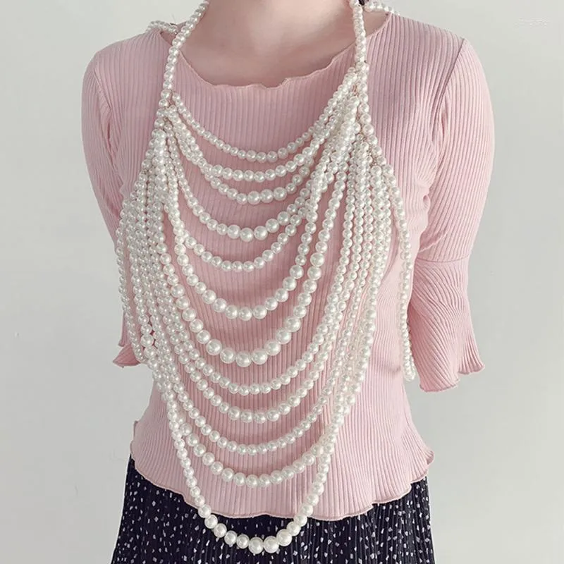 Chaînes Long Collier Blanc Noir Femmes Taille Réglable Bijoux En Plastique Perle Corps Chaîne Anniversaire Épaule_voghion.com