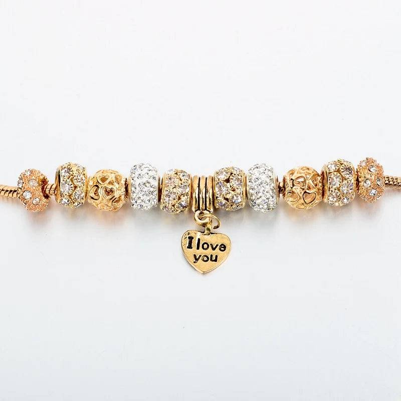Heart " I LOVE YOU " Gold Plated Charm Bracelet_voghion.com