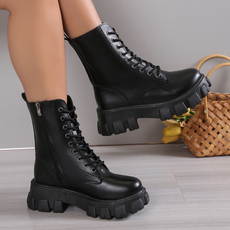 Chaussures à lacets pour femmes, bout rond, plateforme solide, imperméable, baril court, grande taille, offre spéciale, automne 2024