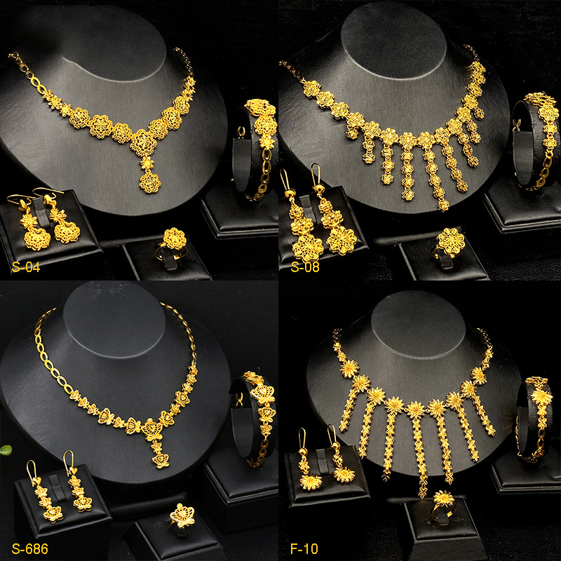 Four-piece Indian Gold Color Flower Necklace Earrings Bracelet Ring Set Elegant Bridal Wedding Jewelry Sets for Dubai Lady