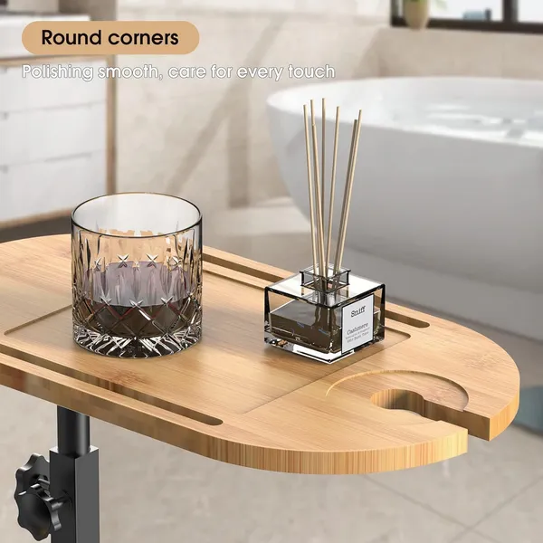 Bamboo Bathtub Tray Table Bath Side Table With Metal Base Adjustable Height, Portable Freestanding Caddy Tray Tub Shelf For Luxury Bath Home Spa Nat_voghion.com