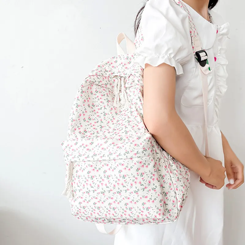 Korean Version Nylon Floral Flower Fashion Junior High School Backpack Travel Bag_voghion.com