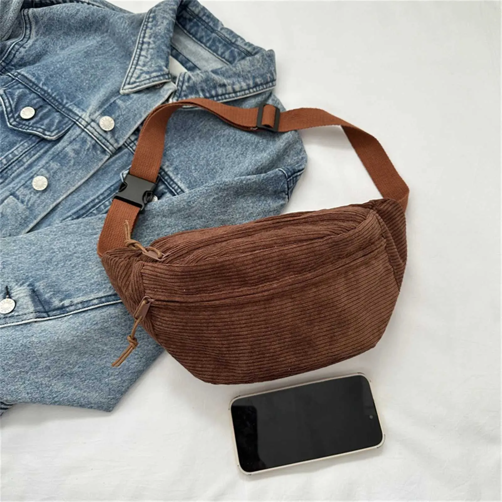 Borsa a tracolla a tracolla per studente in tela in vita da donna in velluto a coste 2024 Marsupio moda telefono Banana marsupio femminile_voghion.com