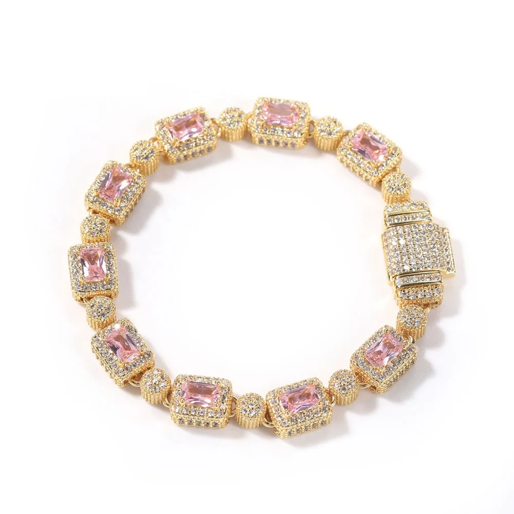 Pulsera de tenis con incrustaciones de cobre y circonita rosa de estilo hip hop para hombre y mujer, pulseras de cristal de 7 y 8 pulgadas de diámetro, accesorios de joyería_voghion.com