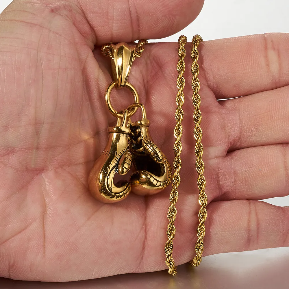 Colliers pendentifs Collier pour homme 23 15 mm Chaînes en acier inoxydable couleur or Paire de breloques de gant de boxe Sport tendance Fiess_voghion.com