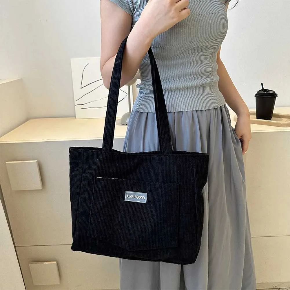 Borsa a tracolla di grande capacità, borsa da donna alla moda in velluto a coste tinta unita con tasca anteriore C241108_voghion.com