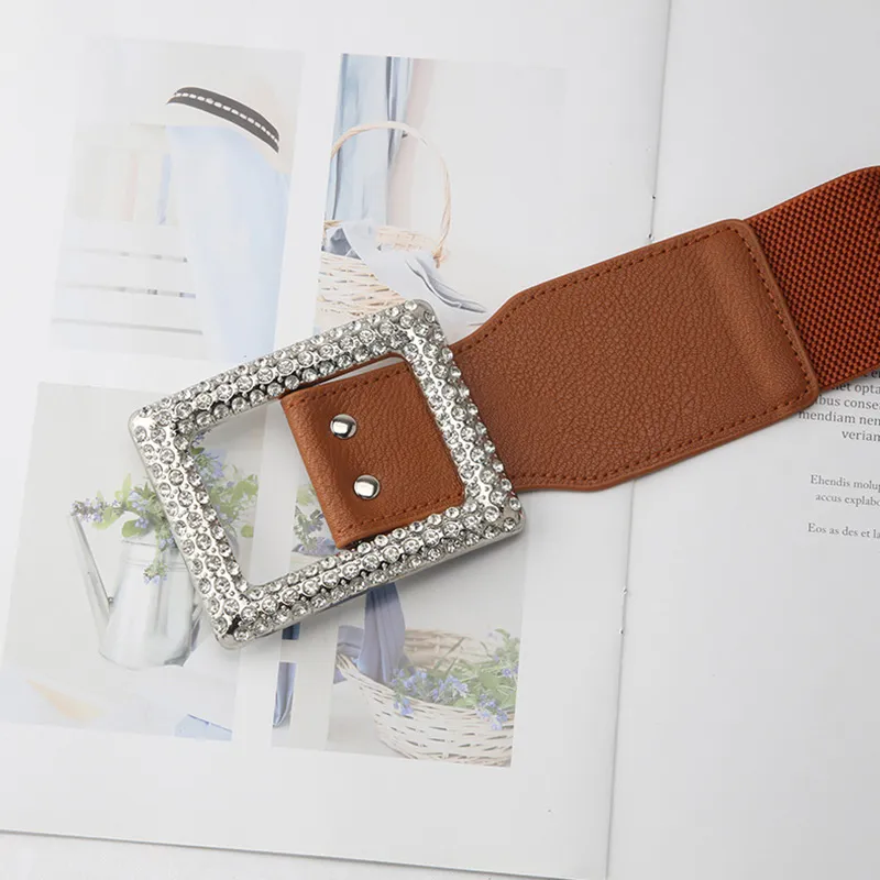 Cinture Cintura larga in pelle elastica alla moda per donna Cintura con fibbia quadrata con strass Cintura in vita con corsetto Cintura femminile_voghion.com