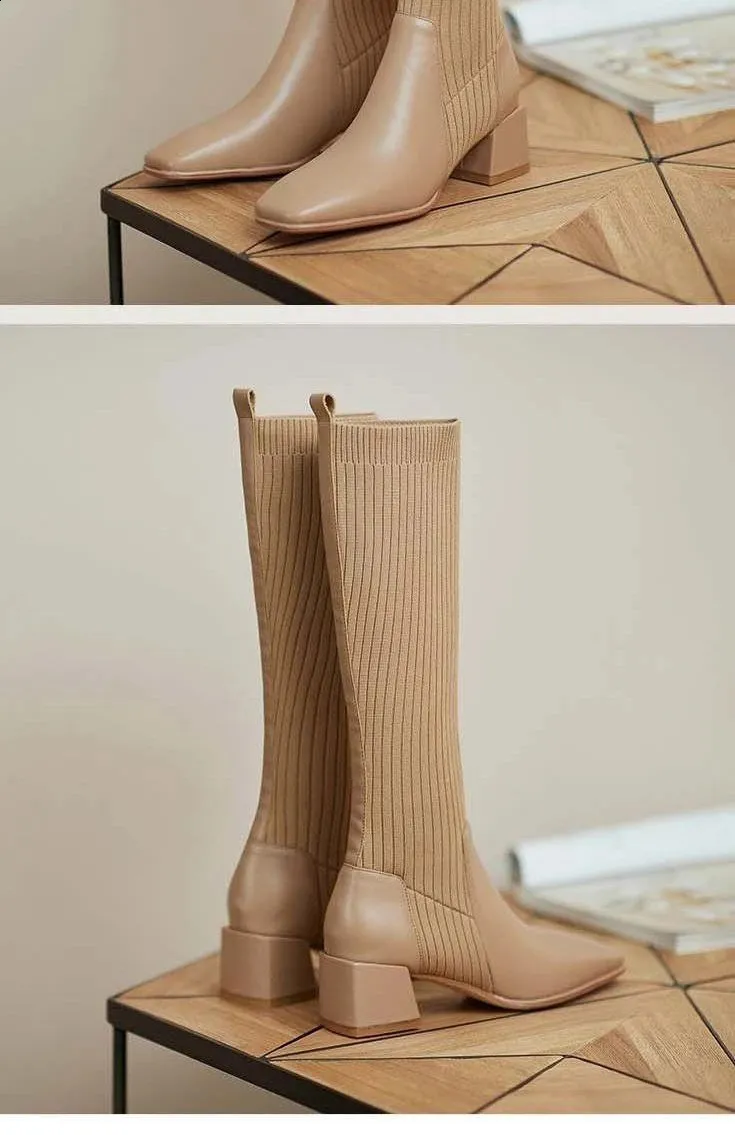 Knee Thick High Socks Winter Womens Long Boots Elegant Autumn Brown Wedge Elastic 241116_voghion.com