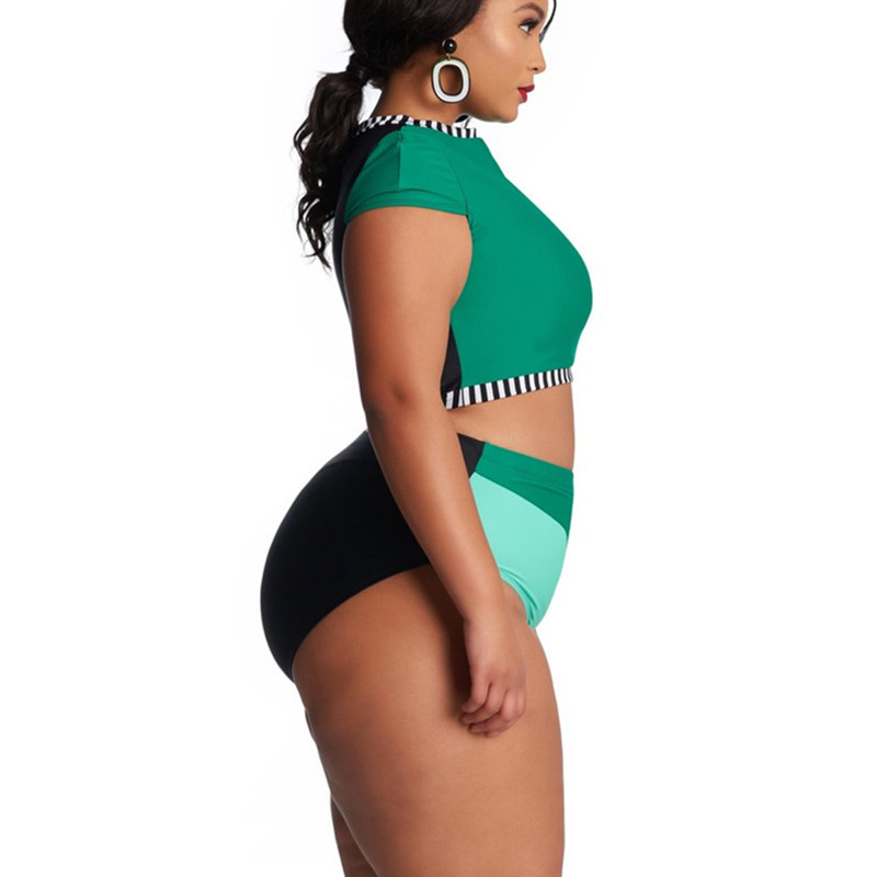 Women's Plus Size High Waist Bikini Swimsuit - Color Blocking, Tummy Control, Full Coverage, Comfortable & Stylish For Beach & Pool_voghion.com