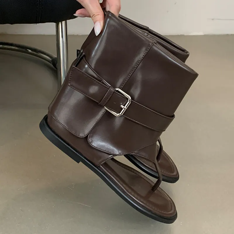 Weibliche Slip-On-Schuhe Wohnungen mit Frauen Ankle Flip Ps Mode Runde Kappe Damen Sandalen Stretch Stiefel Schuhe 2024_voghion.com