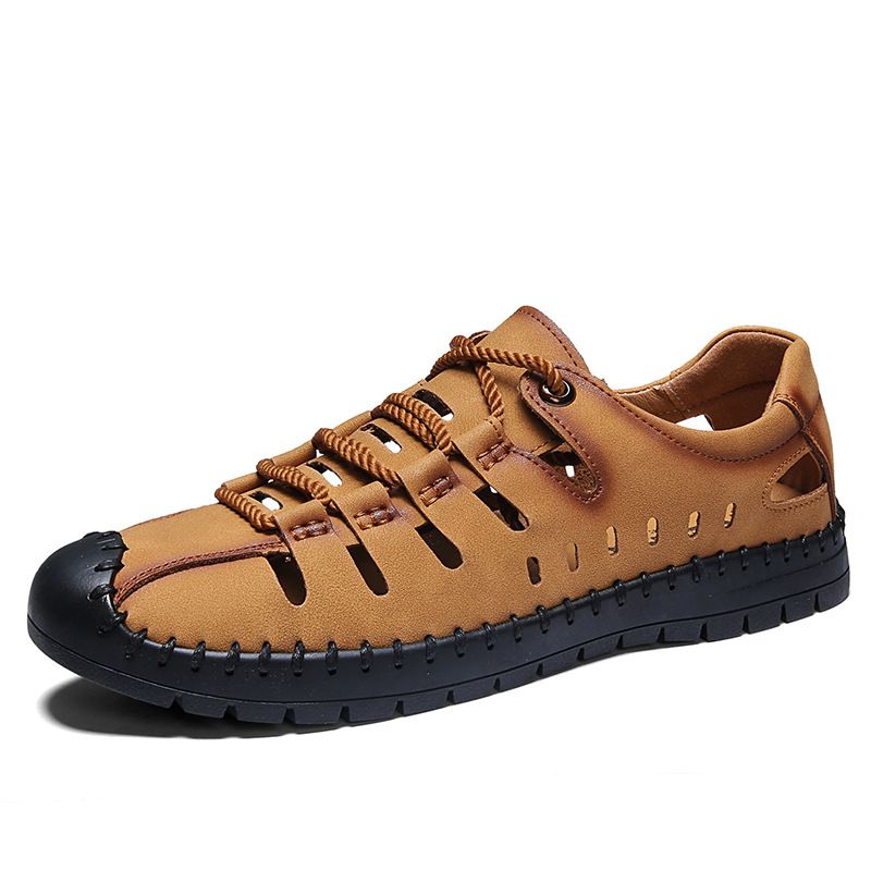 Sommer nye herresandaler, udendørs strand håndlavede hule åndbare fritidssko med hul, snørebånd indpakkede lædersko_voghion.com