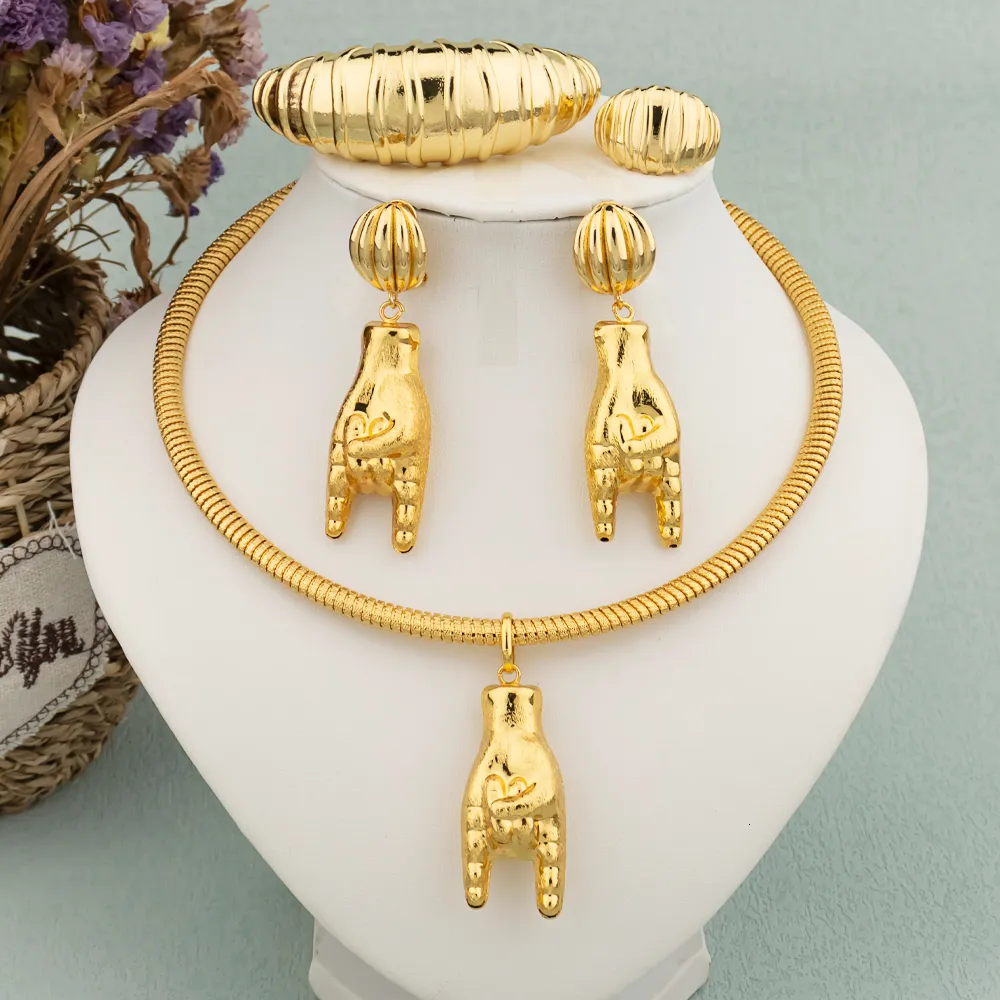 Sets Water Drop Earrings Necklace Jewelry Set Women Indian Dubai Gold Color Bracelet Ring for Wedding Bride Clothing_voghion.com