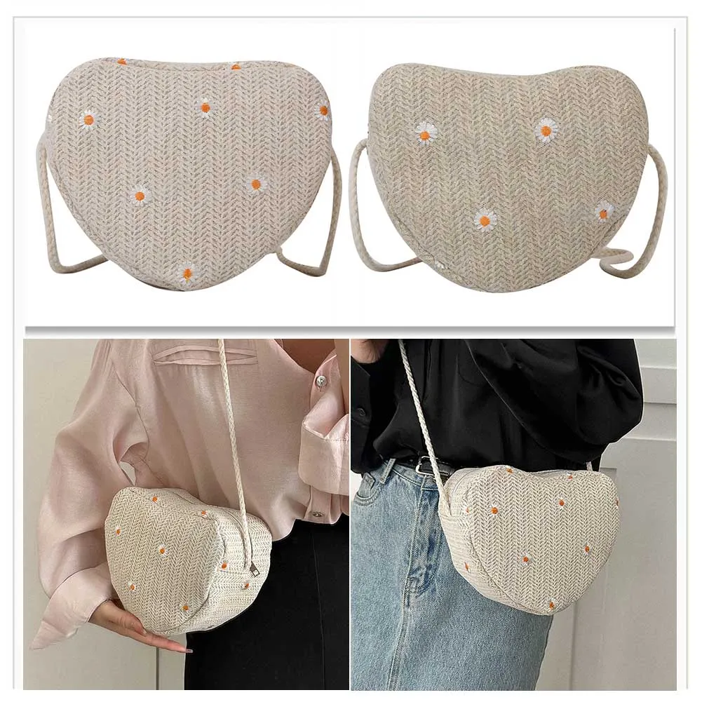 Borsa a tracolla da spiaggia, da donna, in paglia intrecciata a forma di cuore, con margherite, firmata_voghion.com
